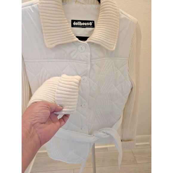 Dollhouse White Quilted M Jacket Ribbed Knit Sleeves Belted Hybrid Belted - Picture 3 of 11